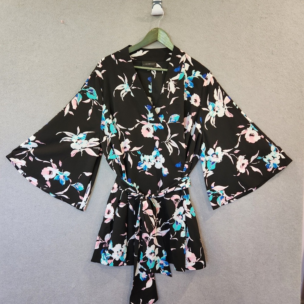 Lane Bryant Floral Kimono Top Blouse 22/24 V-Neck Belted Flare Sleeve Feminine